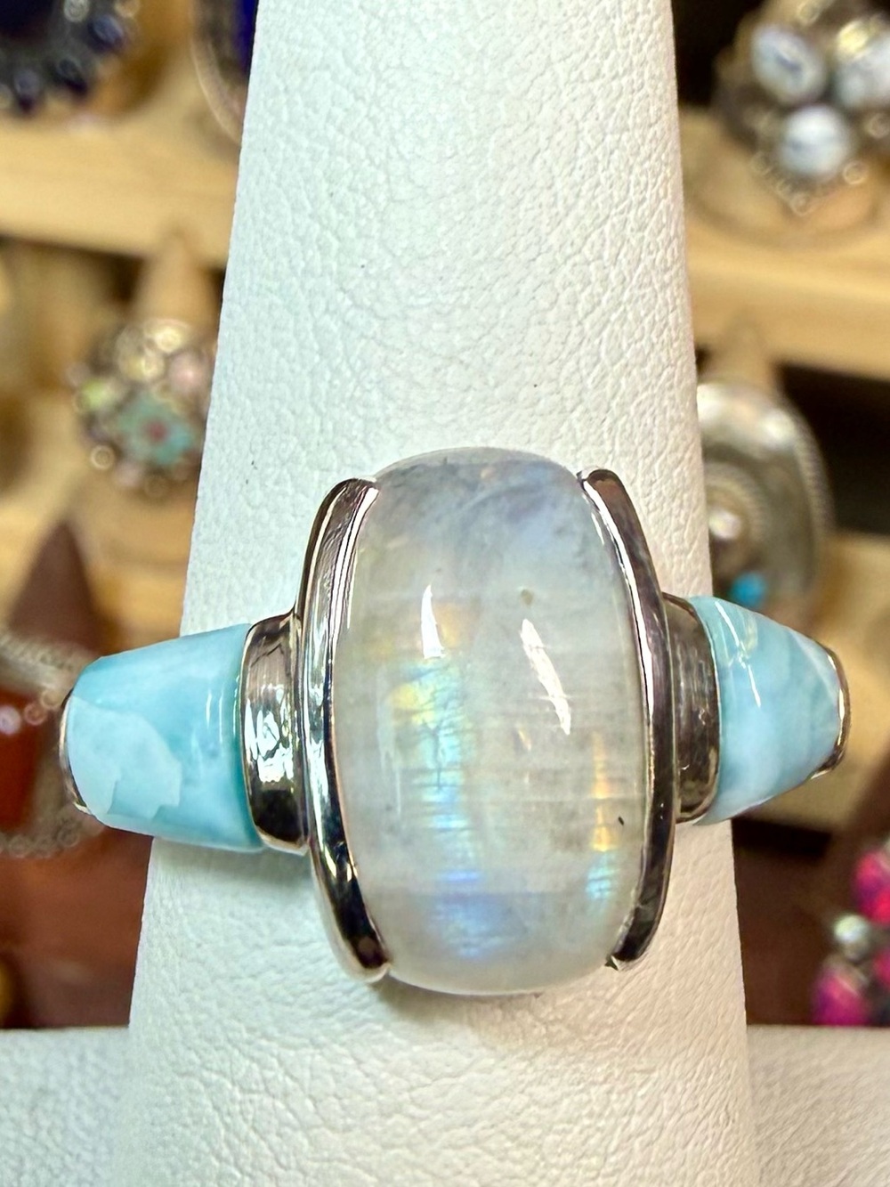Sterling Silver Moonstone and Blue Larimar Statement Ring